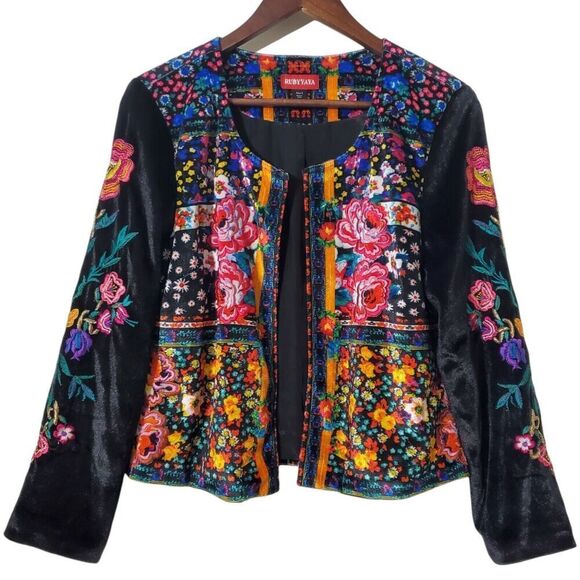 Ruby Yaya Romero Velvet Floral Jacket Size S Embroidered Multicolor Lined Womens - Picture 1 of 12